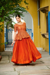 Trendy Orange Fendy Embroidered Top With Lehenga